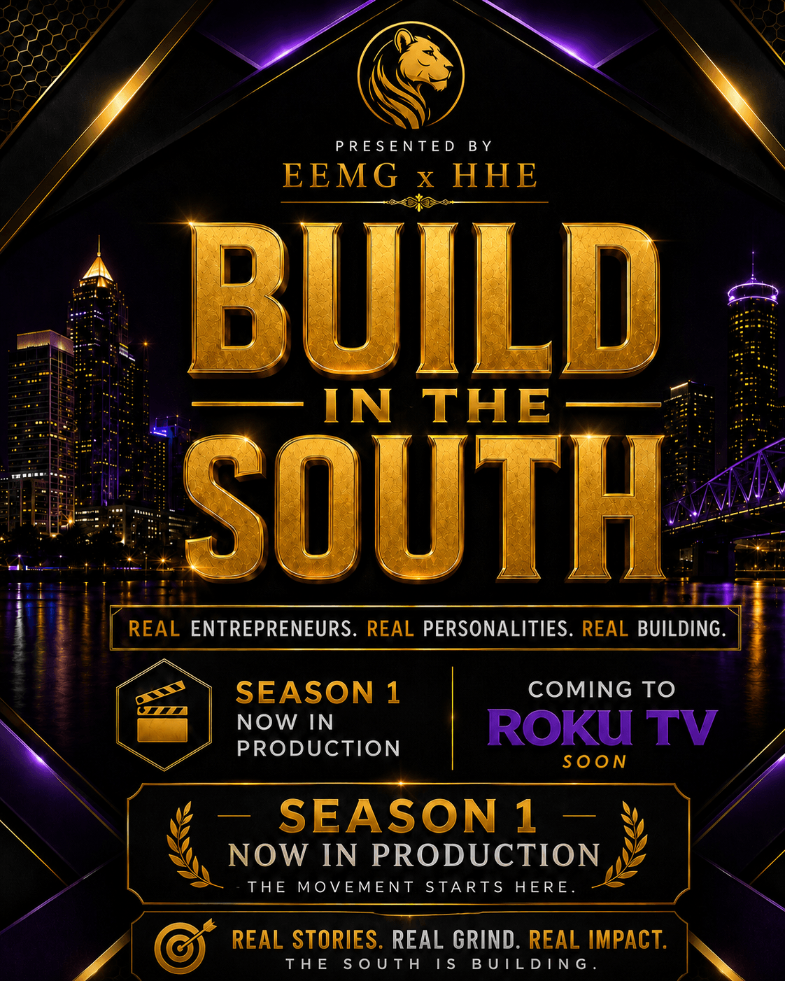 Promotional poster for 'Build in the South' with city skyline background, gold text, and Roku TV logo, season 1 details.