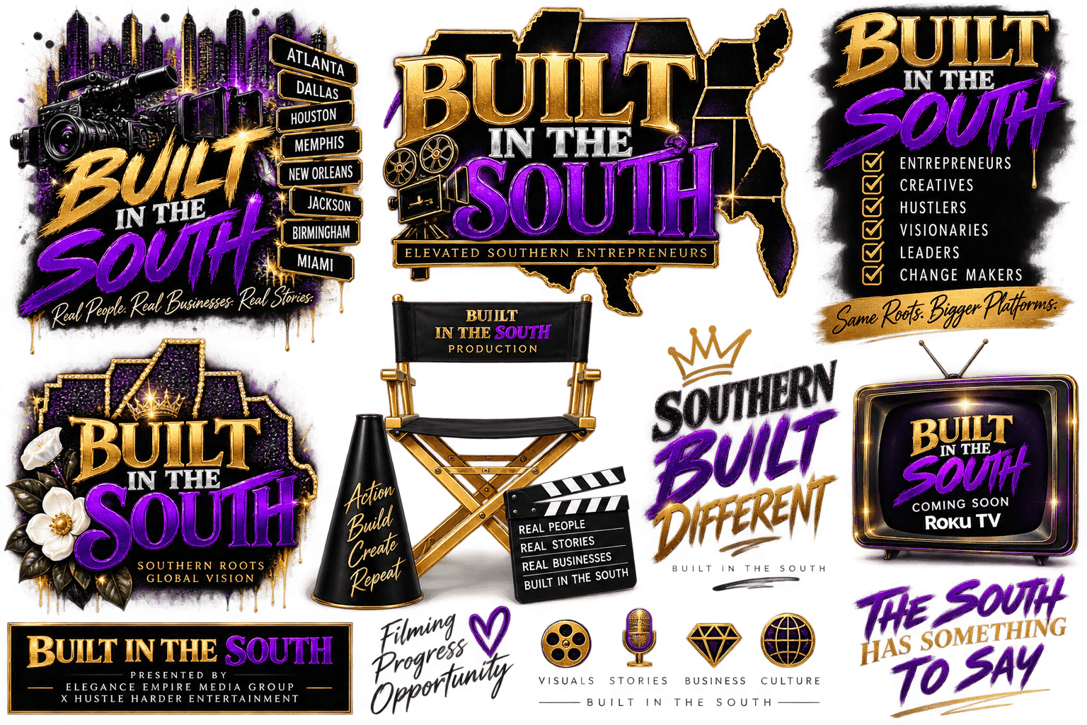 Collage of promotional images for 'Built in the South' event, featuring logos, a director's chair, and various text elements.