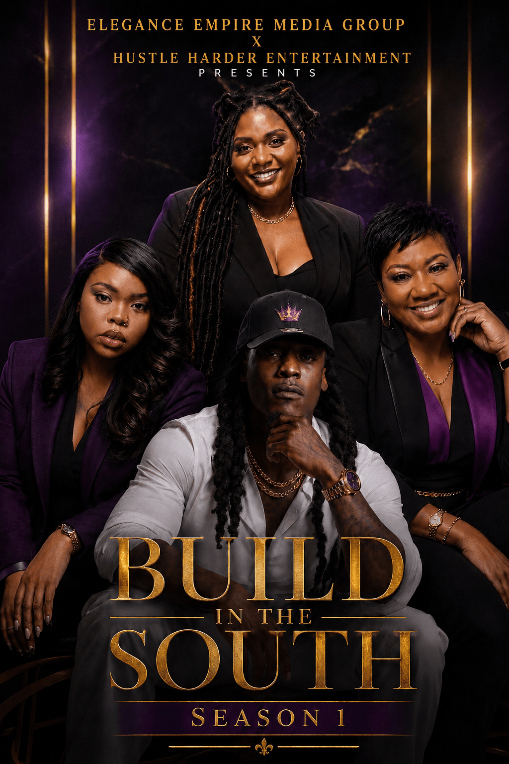 Four women pose together, with a dark background and gold text promoting 'Build in the South Season 1'.