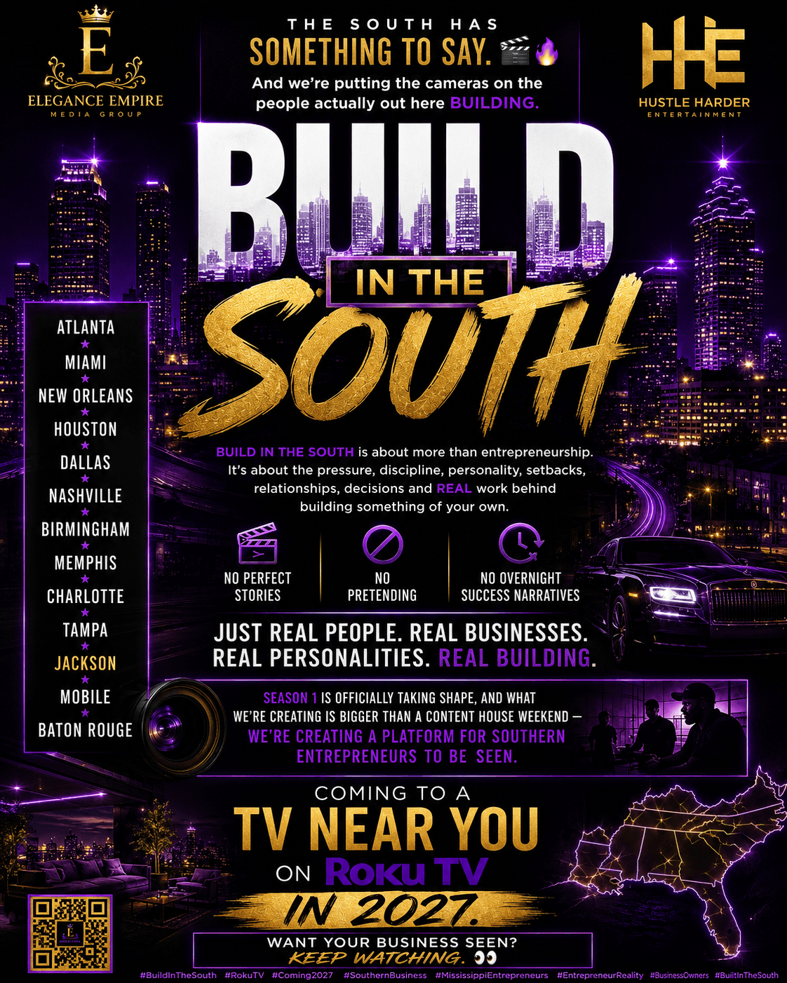 Promotional poster for building in the south, featuring city skyline, text about entrepreneurship, and Roku TV in 2022.