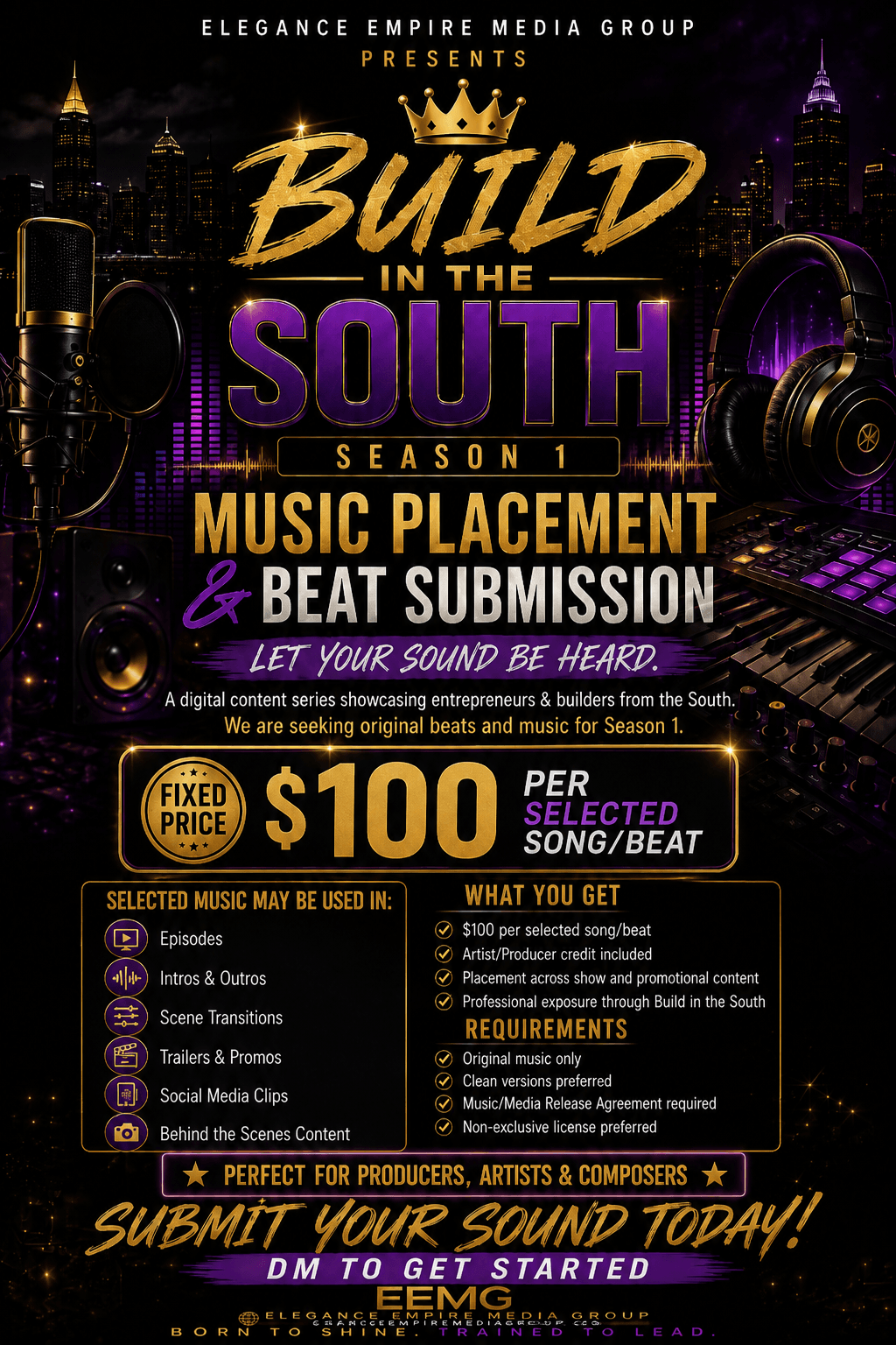 Event poster for Build in the South, season 1, music placement and beat submission, $100 prize, submit your sound today, with city skyline background.
