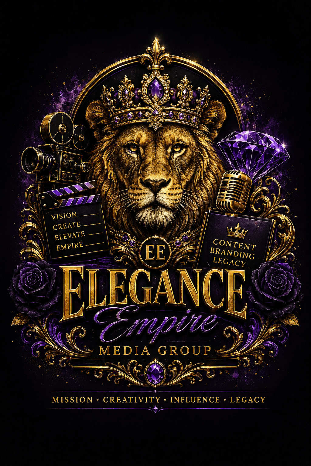 Lion wearing a crown with a purple gemstone, surrounded by gold decorative elements, with text and symbols related to elegance and empire.
