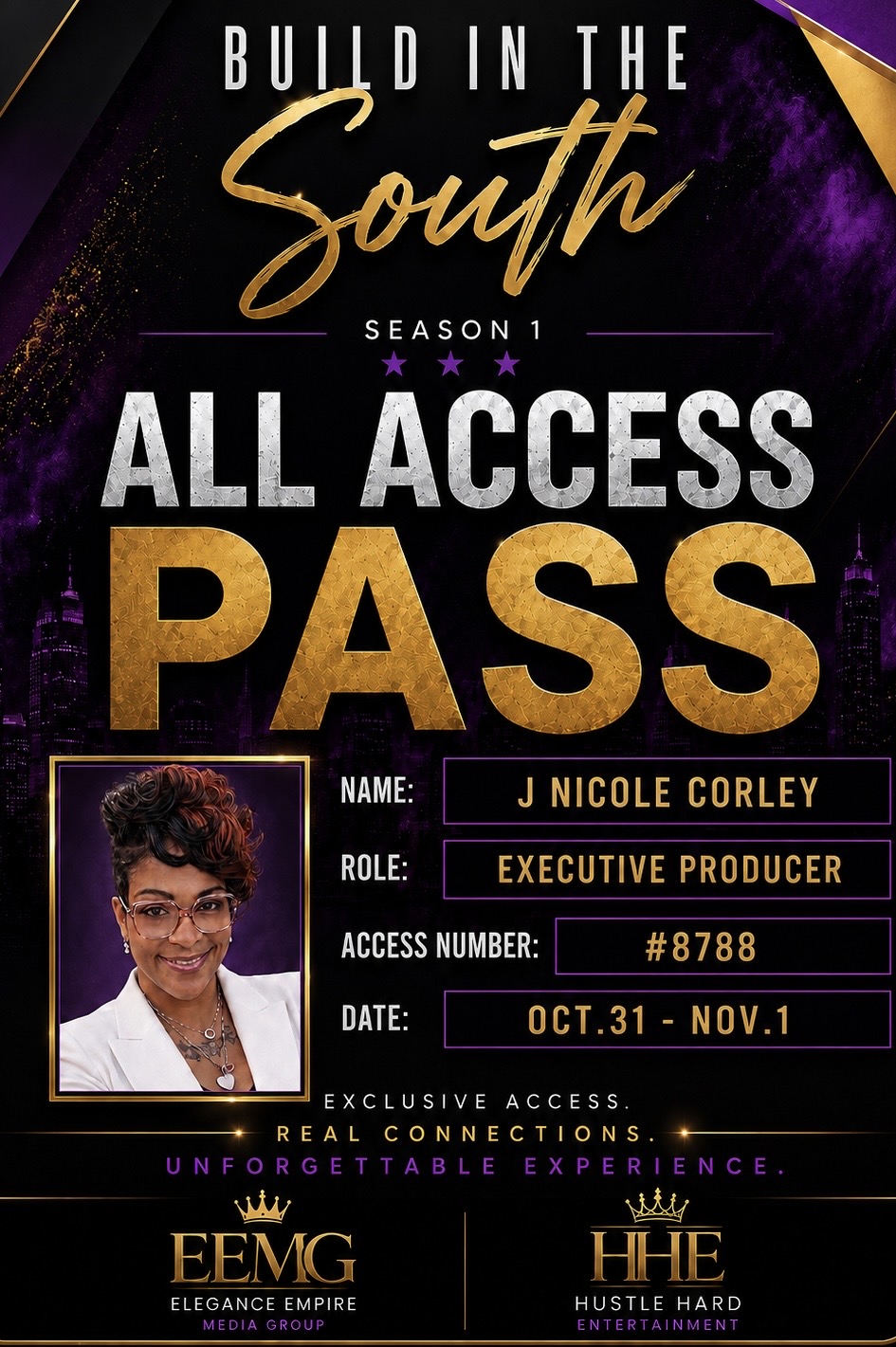 Promotional poster for 'Build in the South' season 1, featuring an all access pass, a photo of a woman, and event details.