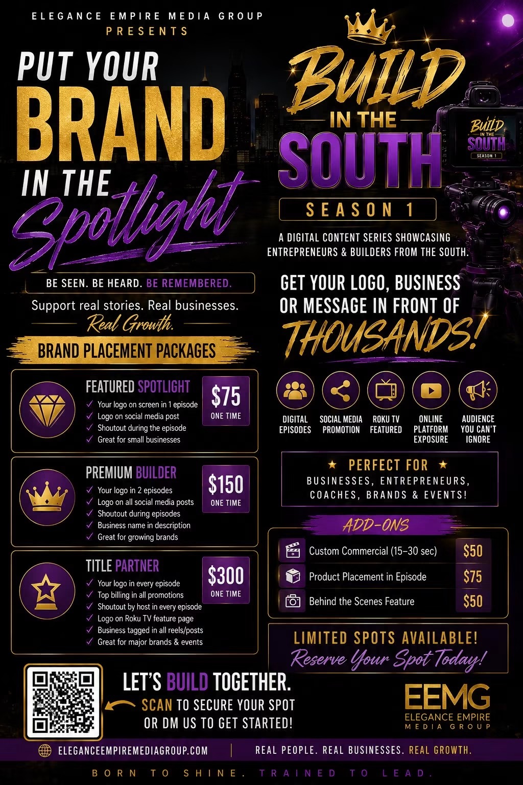 Promotional poster for Build in the South Season 1, featuring branding packages and event details.