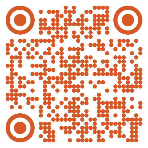 A QR code with orange dots and circles on a white background.