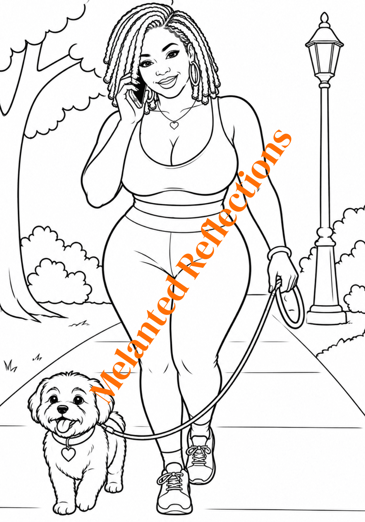 Woman walking a dog on a leash outdoors, trees and a streetlamp in background, smiling, wearing athletic clothing.