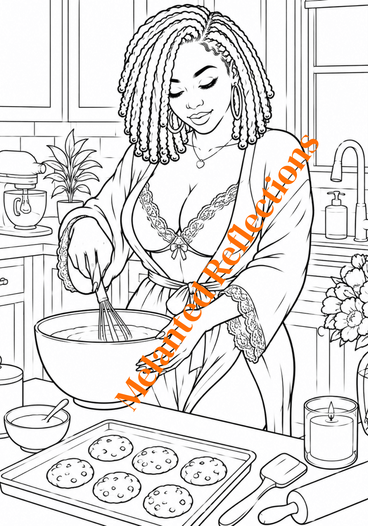 Woman with curly hair mixing ingredients in a bowl in a kitchen, surrounded by cookies, plants, and kitchen items.