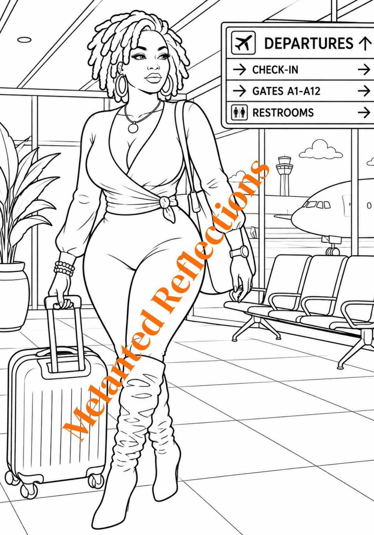 Woman with curly hair and a suitcase at airport, departure sign in background, seating area visible.