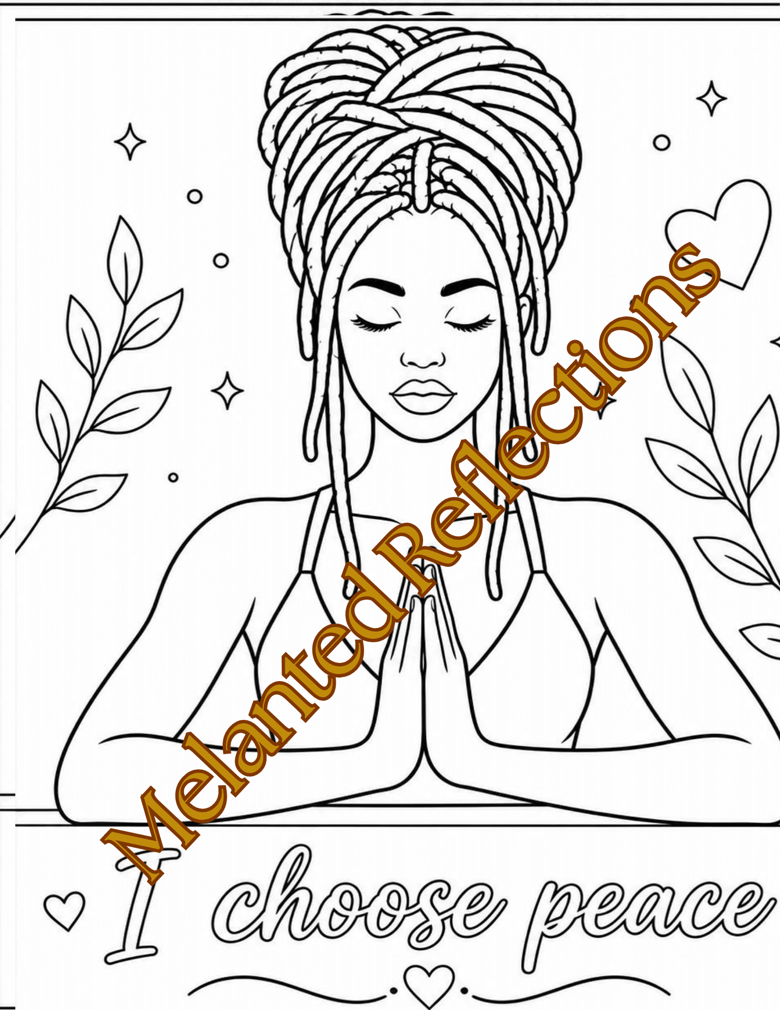 Line drawing of a woman with a large braided hairstyle, eyes closed, hands in prayer, surrounded by leaves and stars, with text.