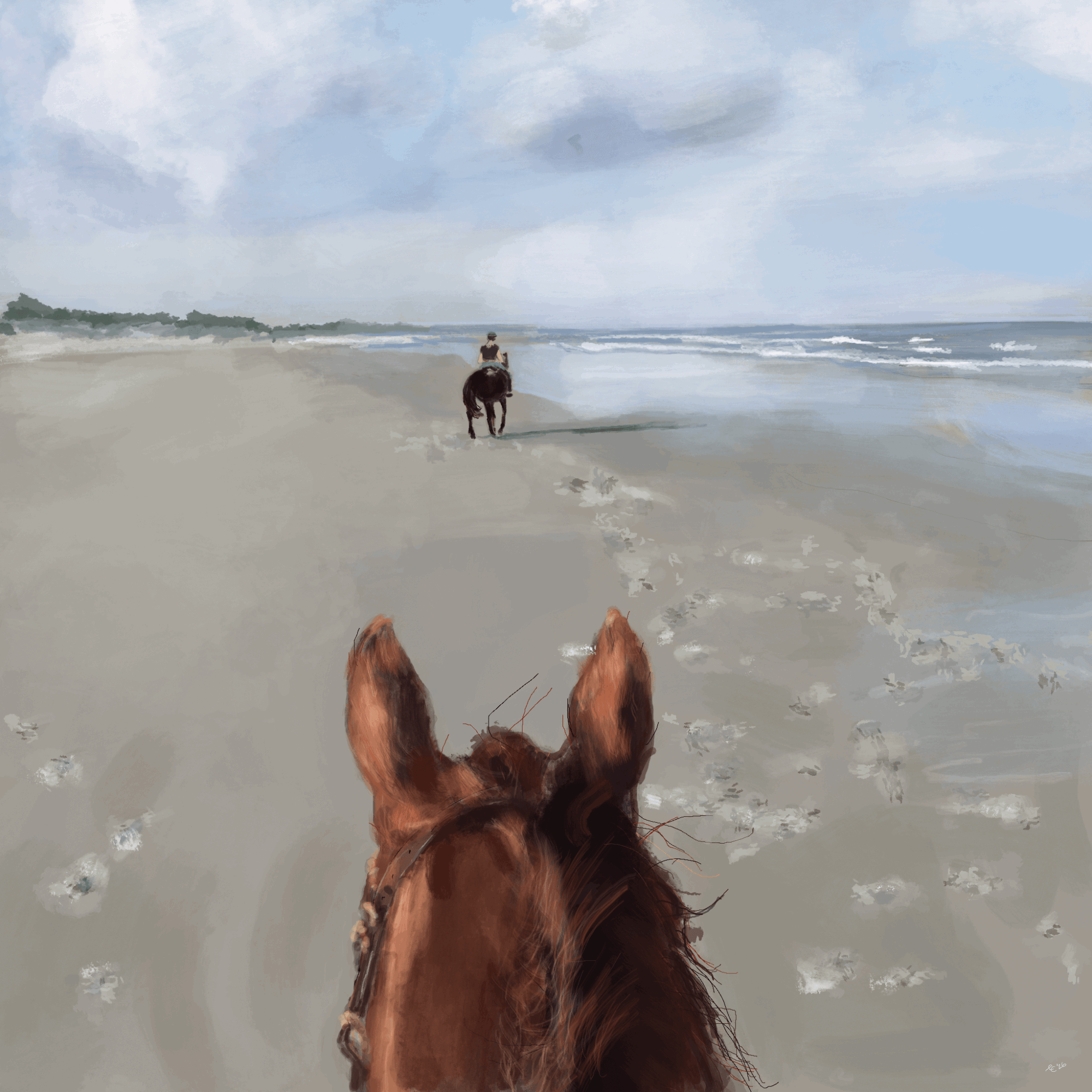 Person riding a horse on a sandy beach with ocean waves and cloudy sky in the background.