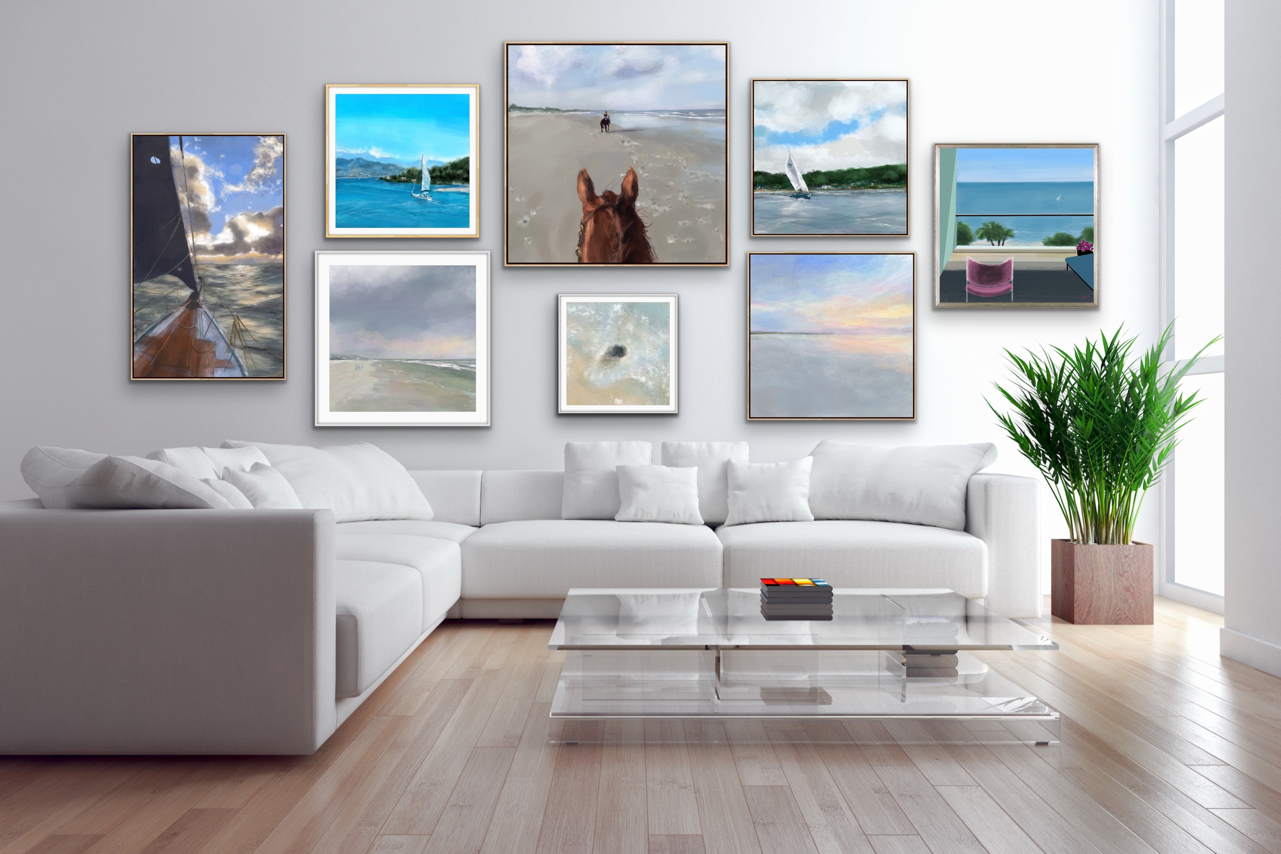 Living room with white sofa, wall art of beach scenes, green plant, and glass coffee table, bright natural light.