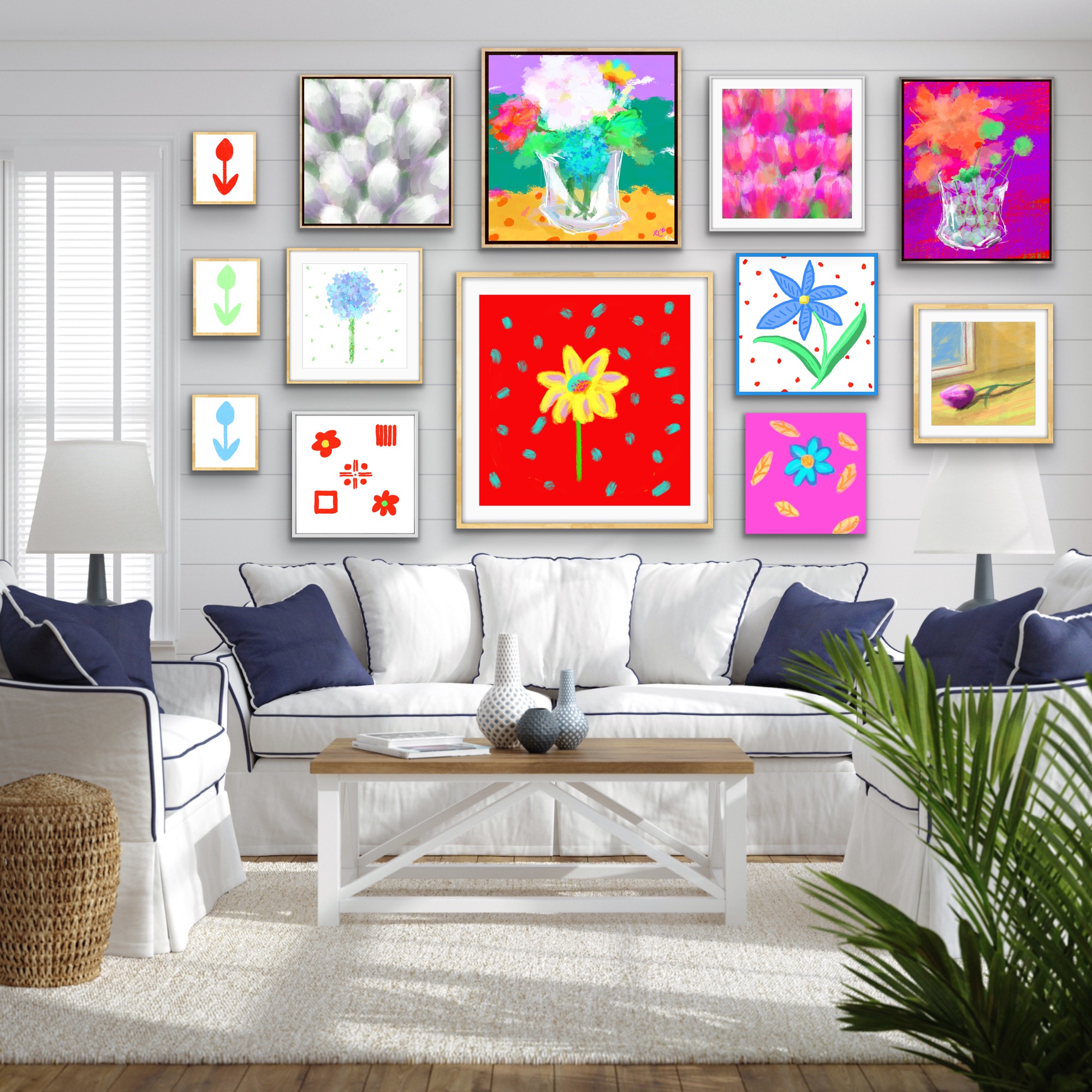 Living room with white sofa, blue pillows, wall art, and a wooden coffee table, with a plant in the foreground.