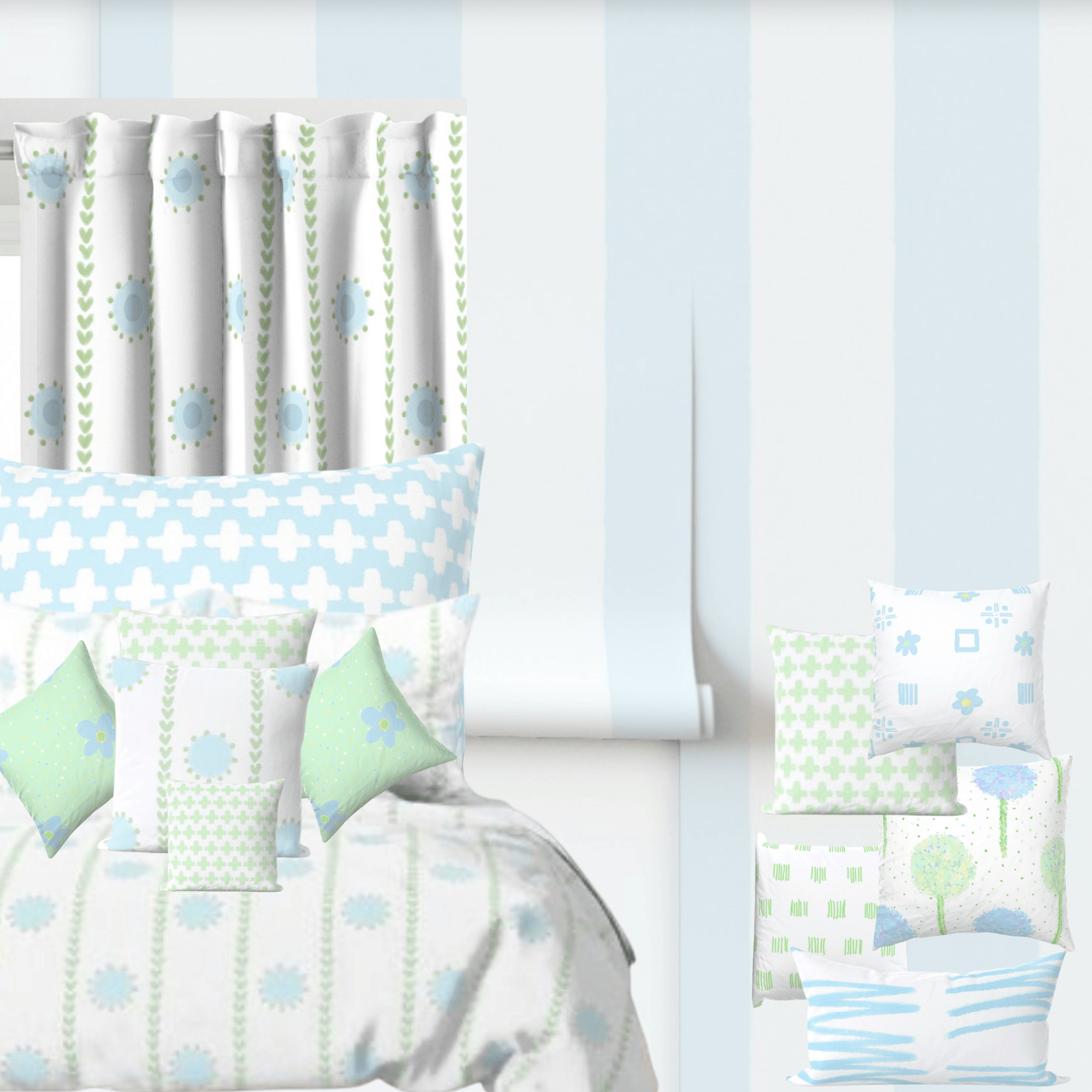 Decorative pillows and curtains with blue, green, and white patterns in a bedroom, with a bed and window. Word count: 20
