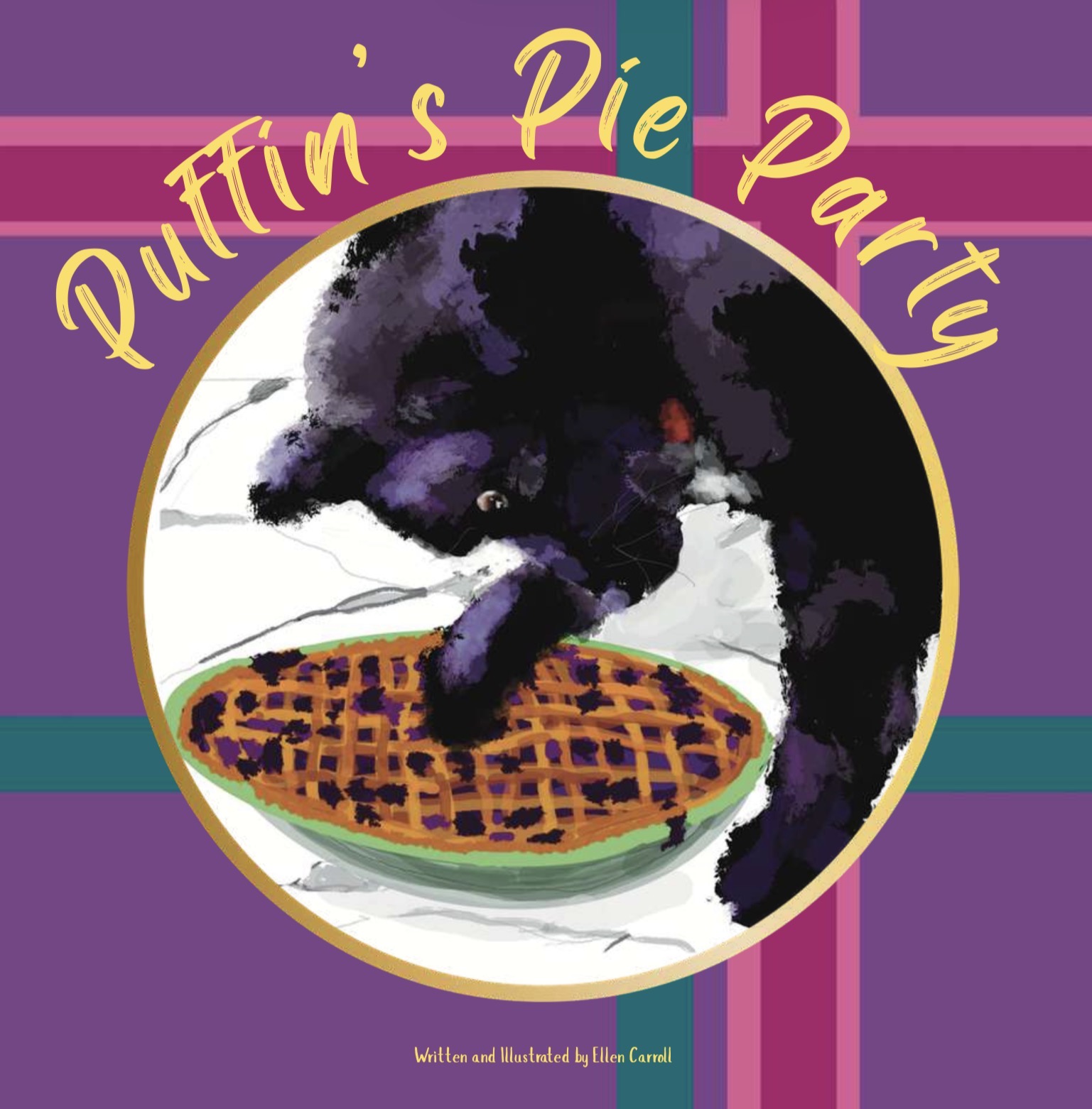 Black kitten eating a waffle on a plate, with colorful background and text reading 'Puffin's Pie Party'.