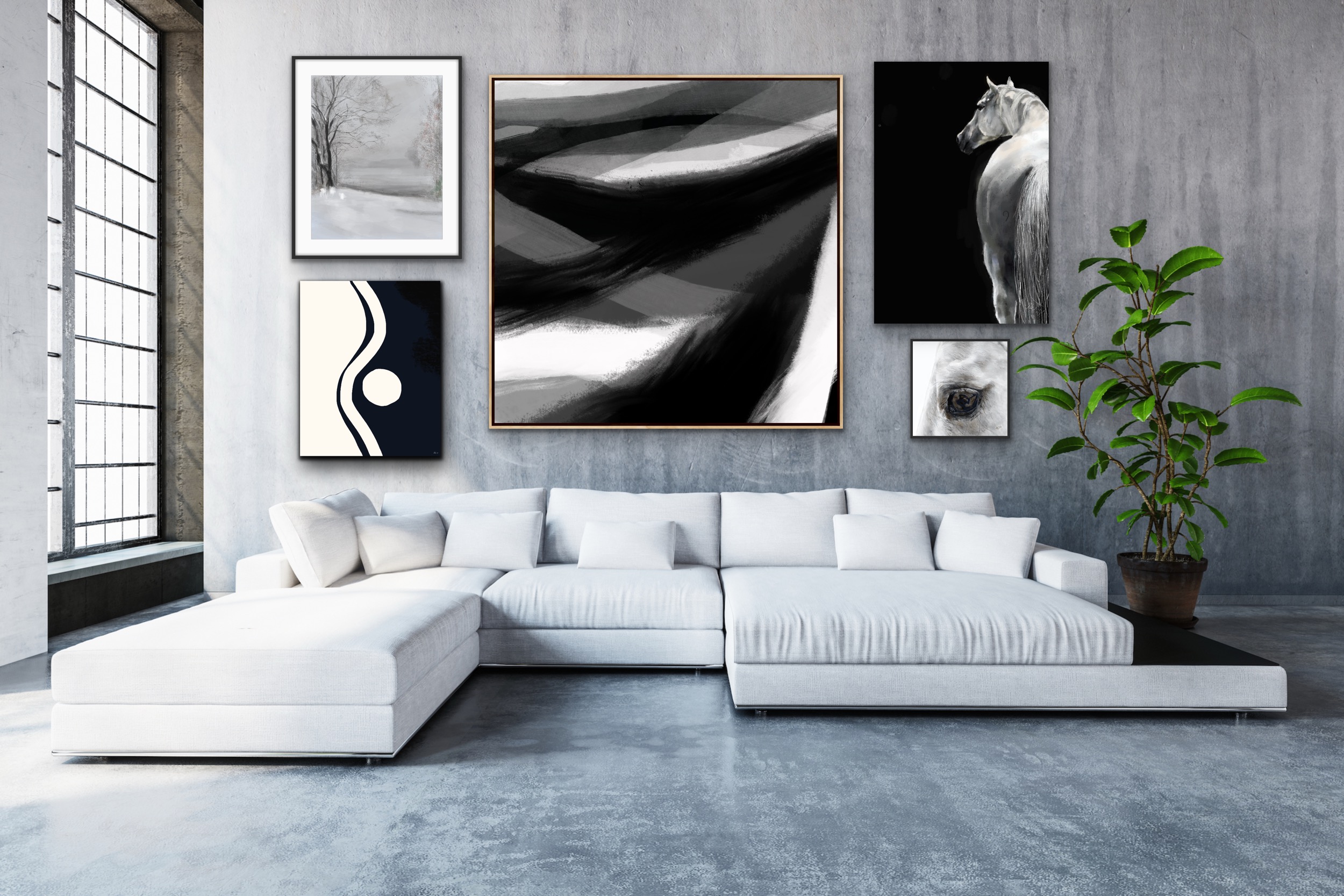 Modern living room with a white sectional sofa, wall art, and a potted plant, with large windows on the left.
