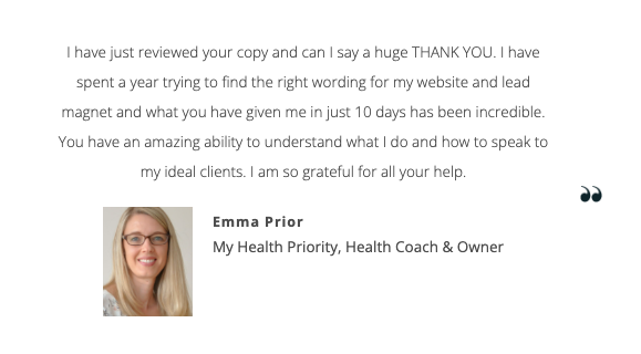 Screenshot of a testimonial with a photo of a woman with glasses, smiling, and text praising her website and SEO work.