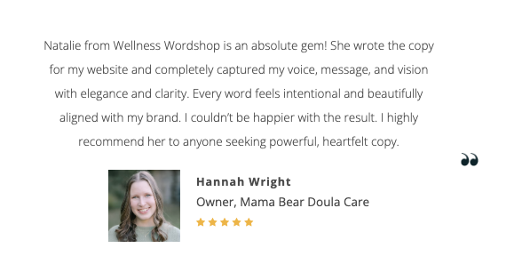 Text about Natalie and Hannah Wright, owner of Mama Bear Doula Care, with a small photo of Hannah Wright, five-star rating.