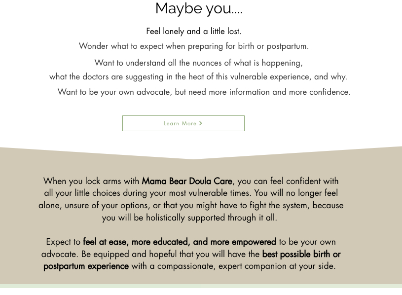 Text-based content discussing pregnancy, childbirth, and support, with a beige section at the bottom and a white background overall.