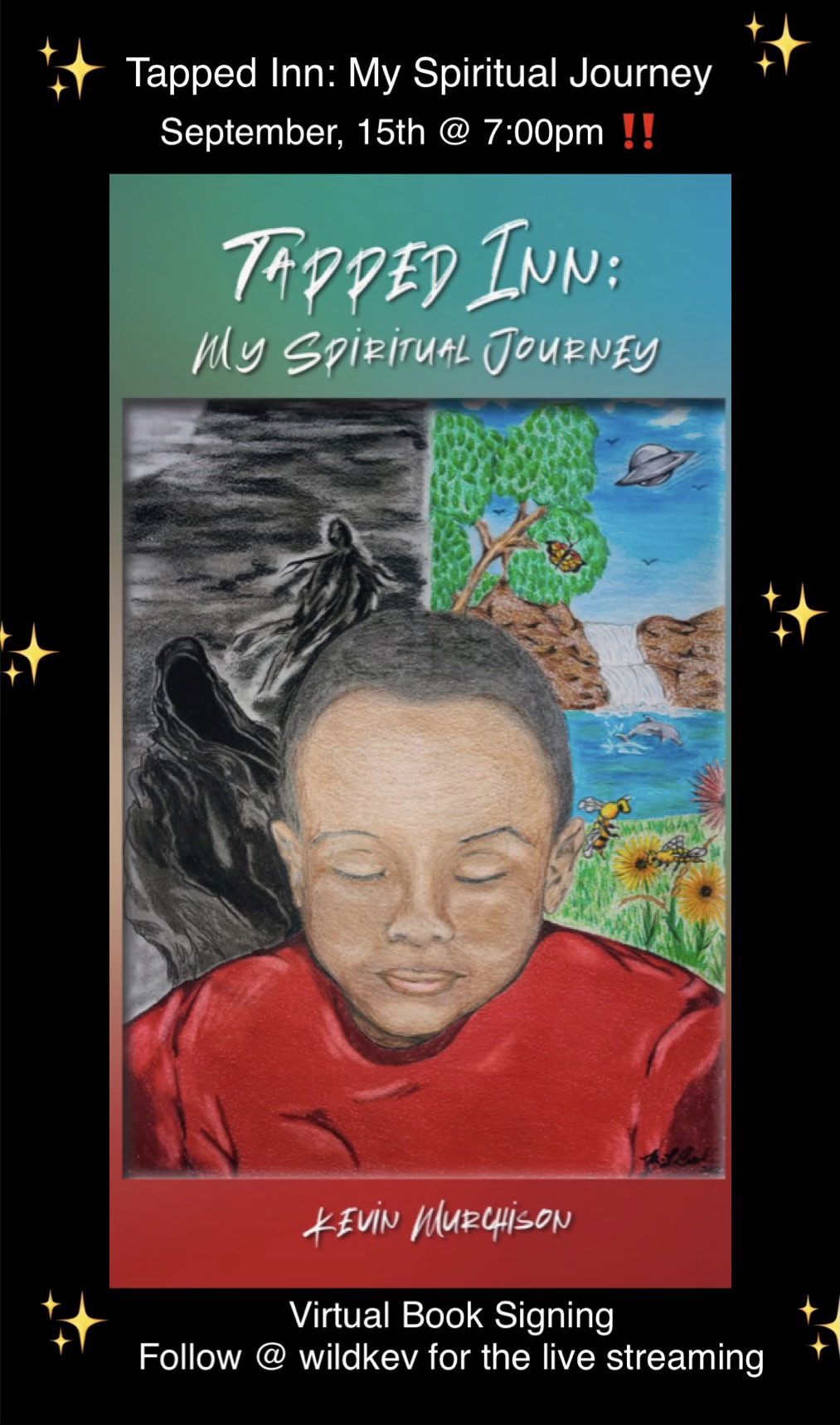 Event poster for Tapped Inn: My Spiritual Journey, featuring a child's face, colorful background, and event details.
