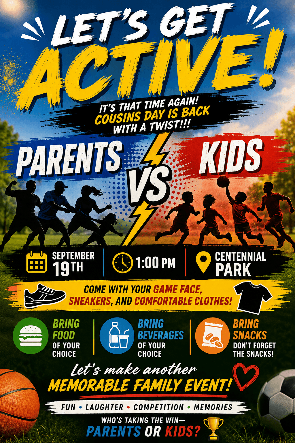 Event poster with children running, bold text about an active family event, date, time, location, and activities listed.