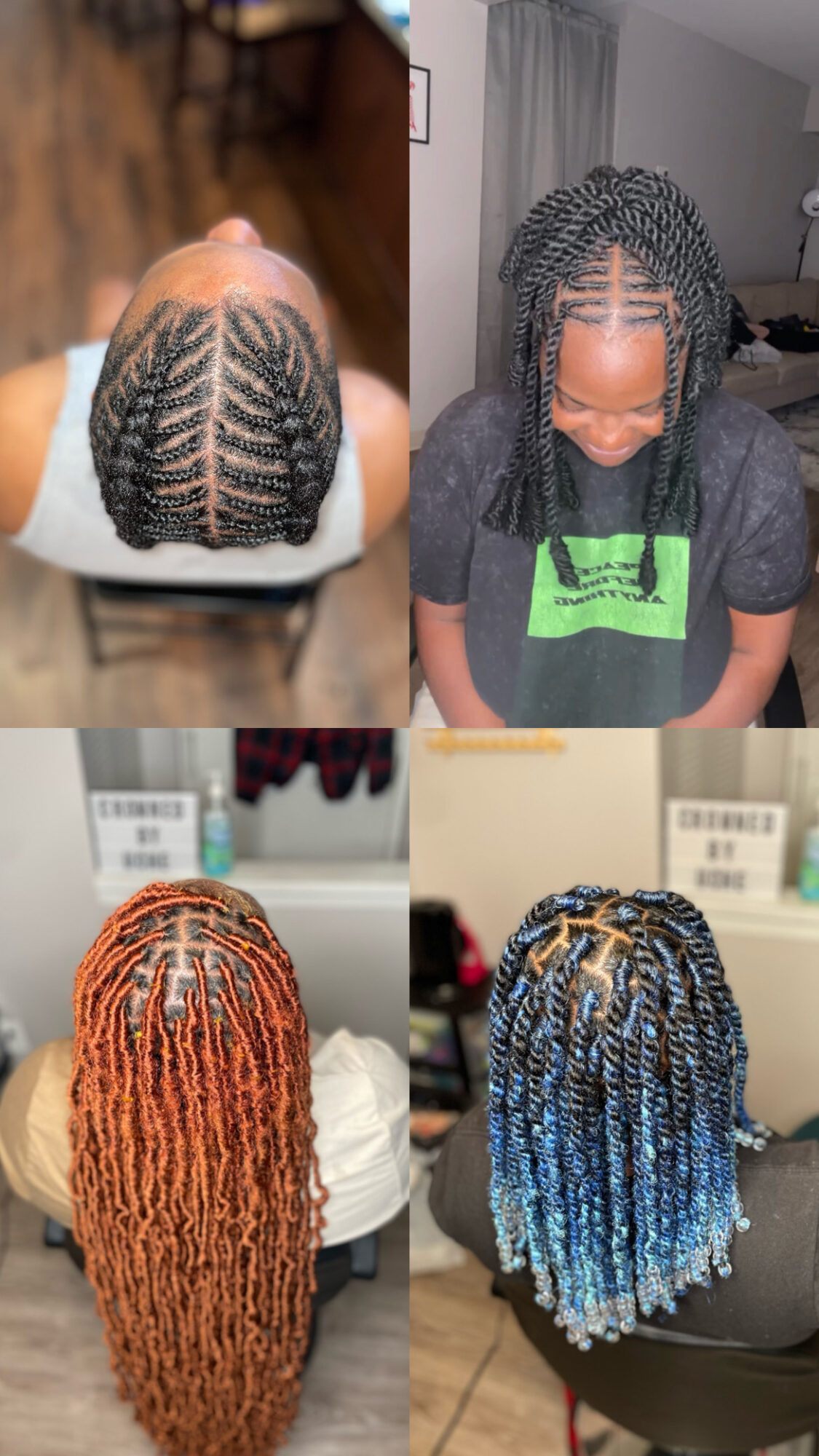 Four images of different hairstyles with various hair textures and colors, viewed from above or front, showing intricate braids and twists.