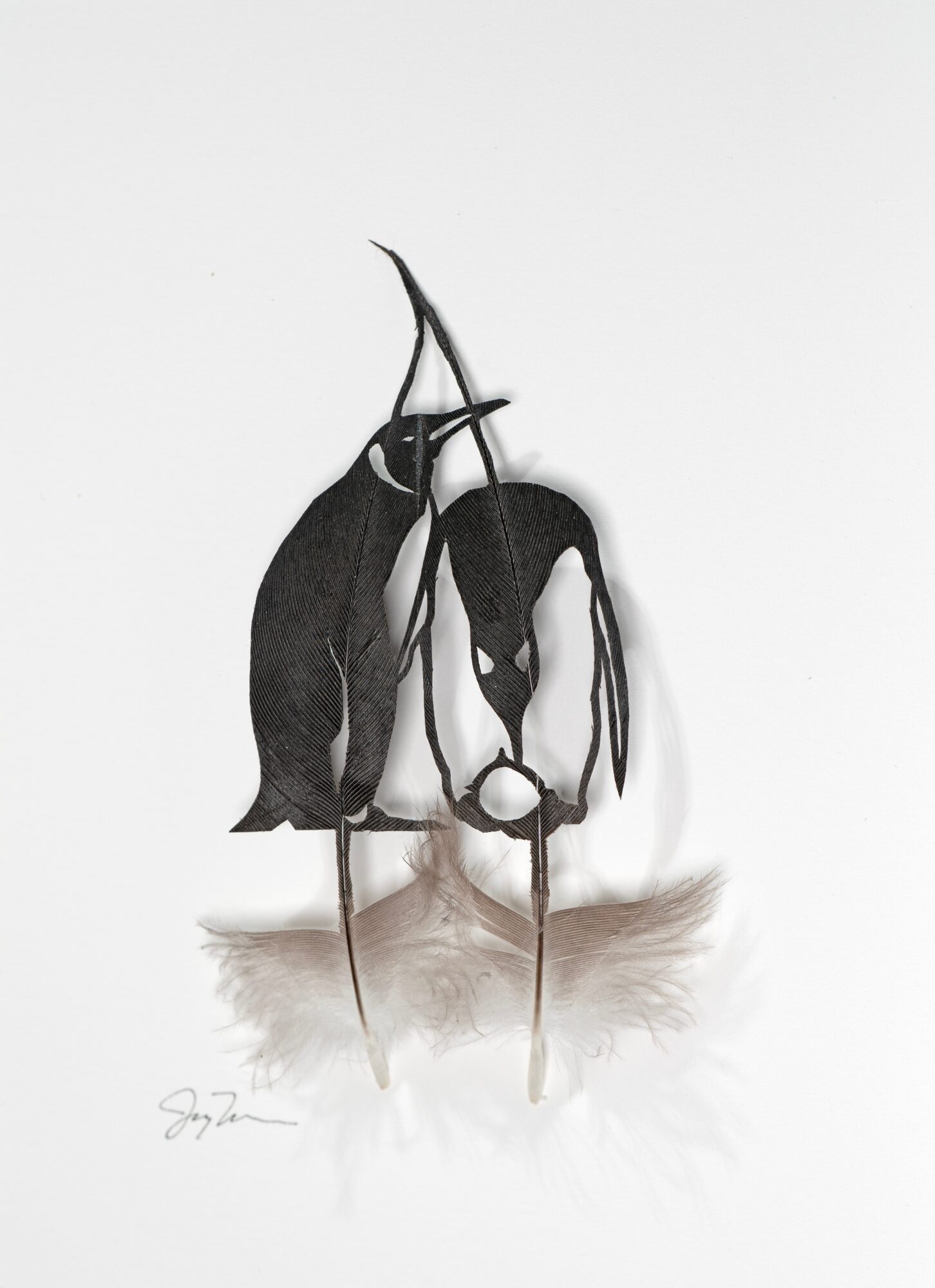 Two penguins standing close, one with its head tilted downward, in black and white sketch style.