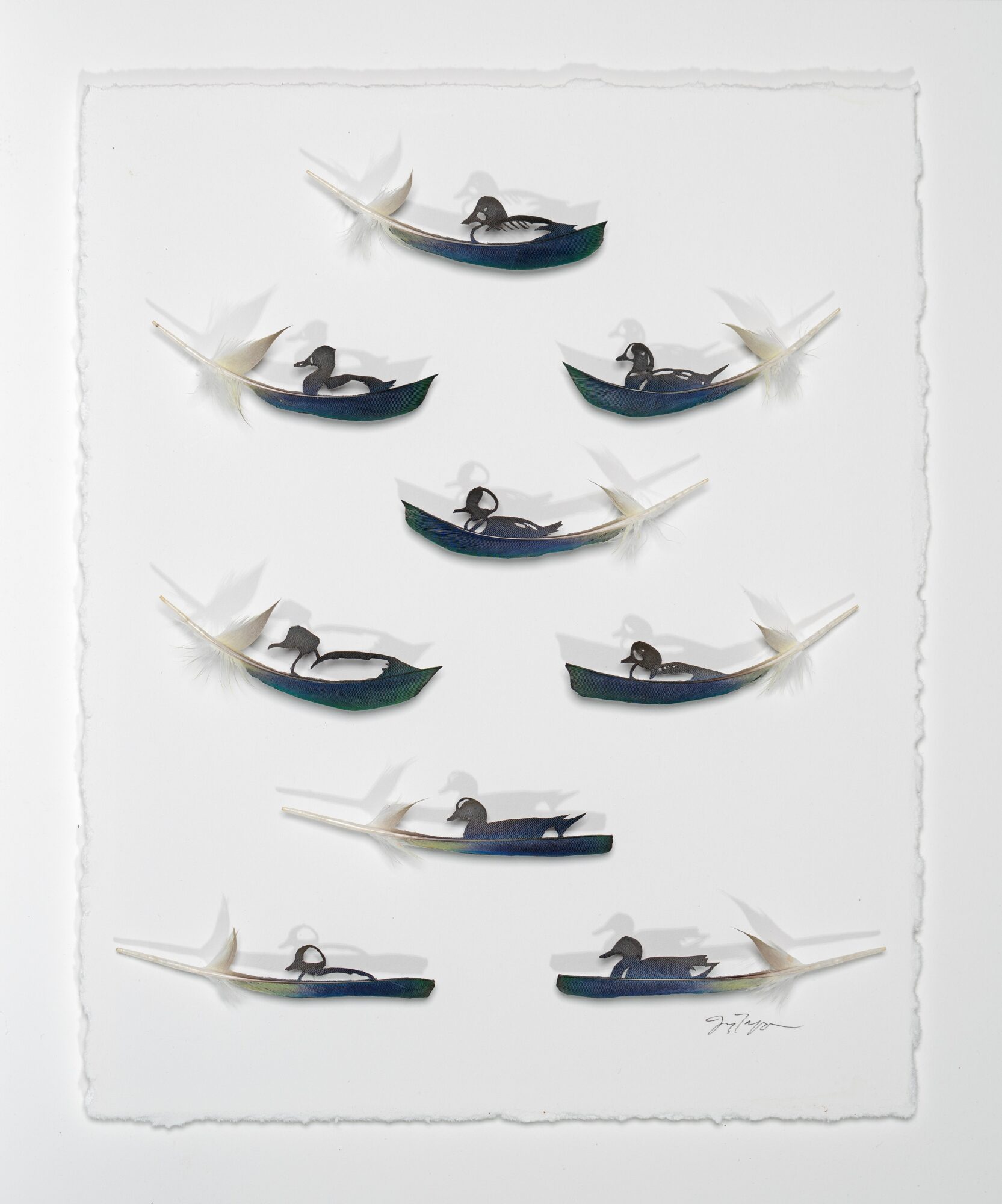 Seven small boats with people and white birds flying around them, arranged in a pattern on a white background.