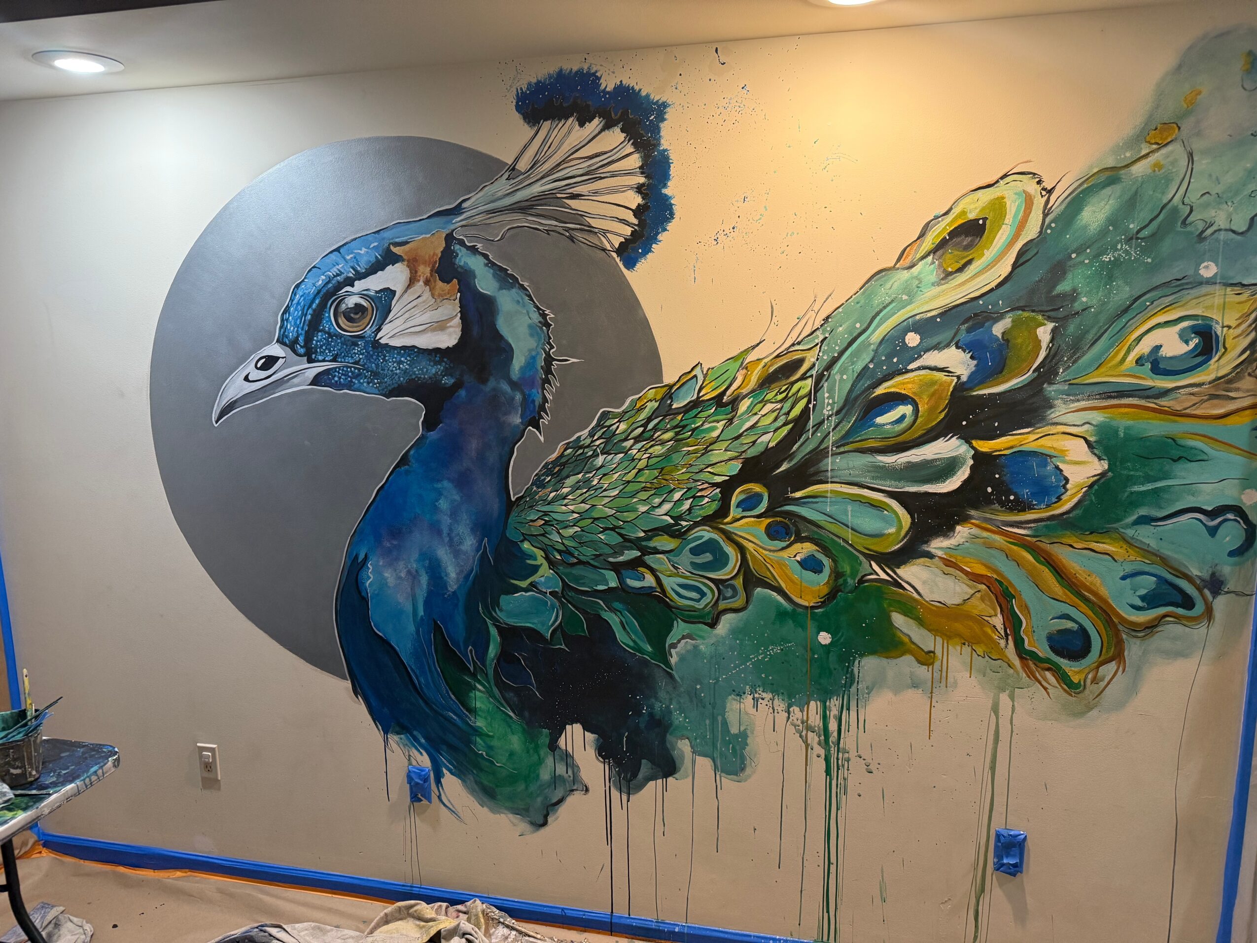 Colorful peacock mural with detailed feathers and a blue head, painted on a wall with some paint drips visible.