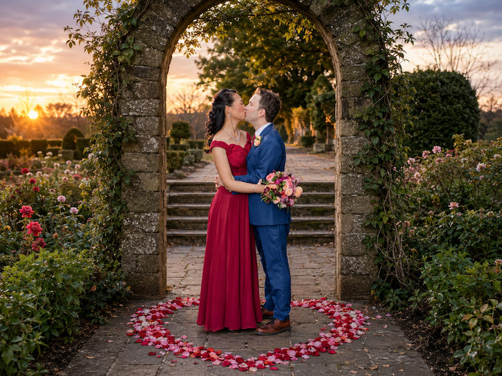 A couple stands under an archway in a garden at sunset, surrounded by flowers, with a heart-shaped flower arrangement on the ground.