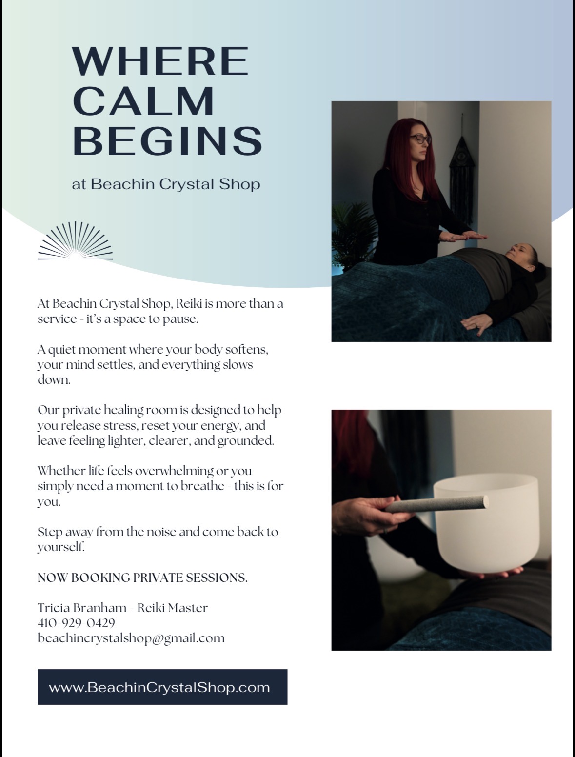 Text on a light blue background with a woman sitting on a bed, reading a book, in a room with a lamp and a dark wall.