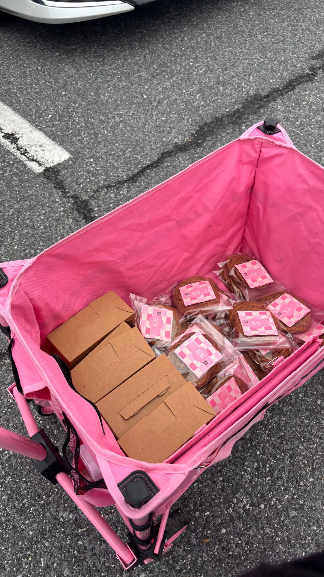 Pink cart filled with pink packaged items and brown boxes on asphalt parking lot.