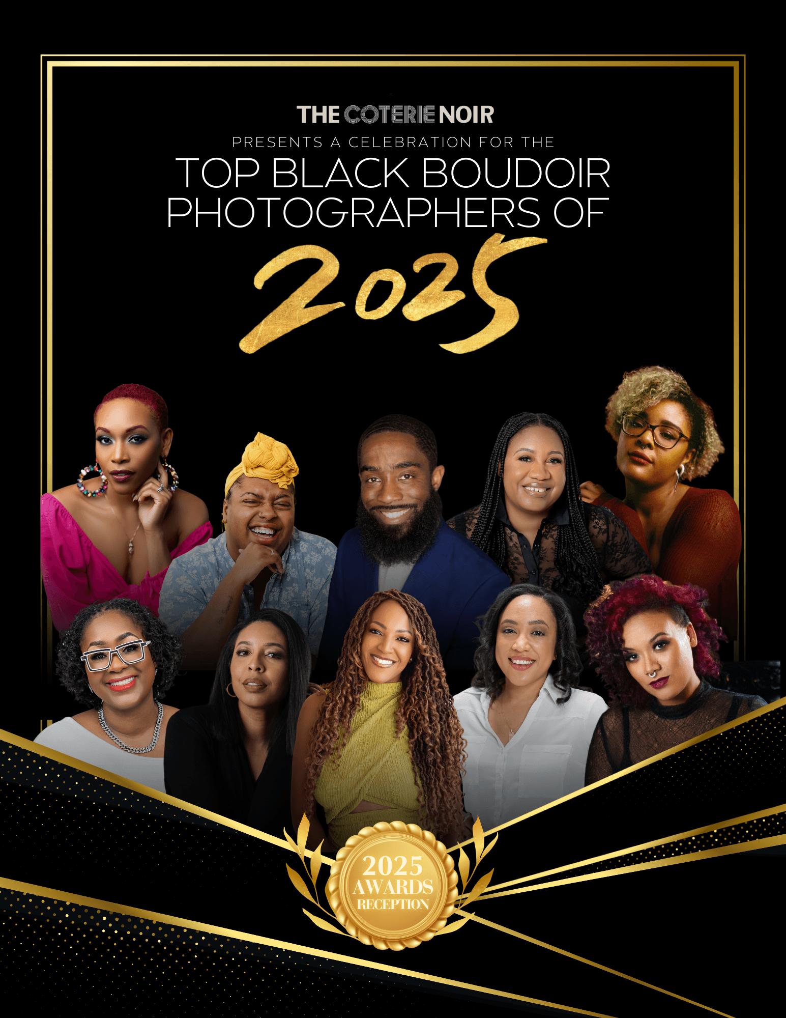Group of ten diverse people posing for a photo, with text about a 2025 photography event, gold badge, and black background.