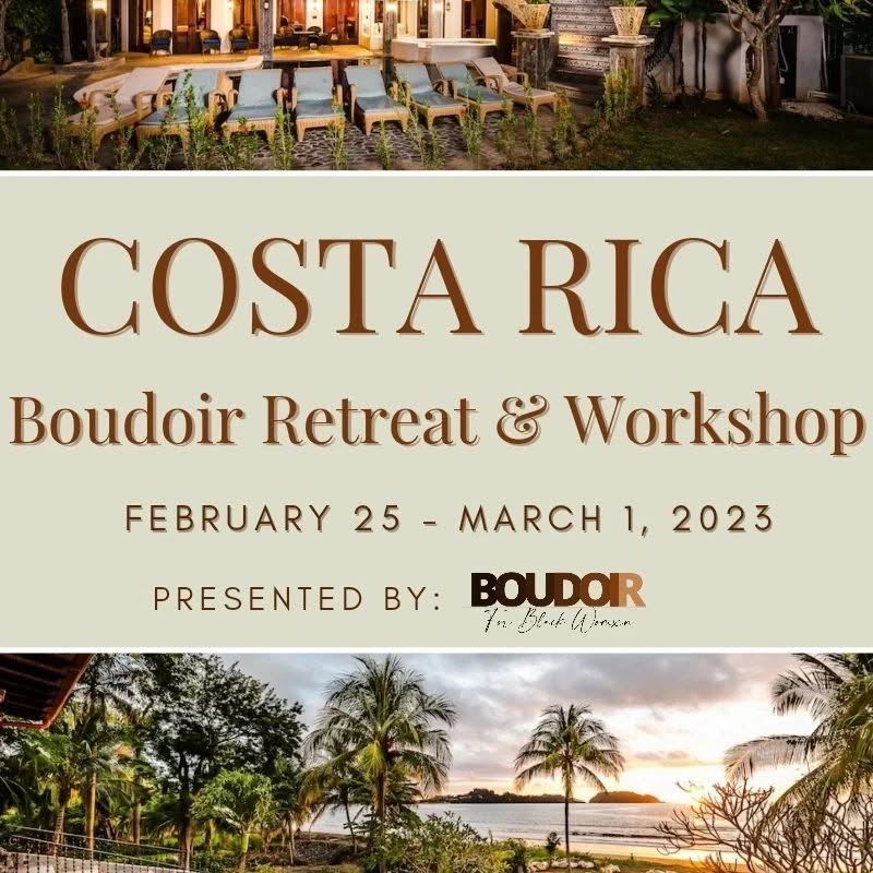 Event poster for Costa Rica Boudoir Retreat and Workshop, February 25 to March 1, 2023, with tropical scenery and outdoor seating.