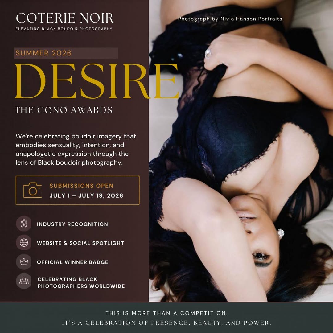 Promotional poster for Desire awards featuring a woman in black lingerie lying down, with text about submissions and recognition.