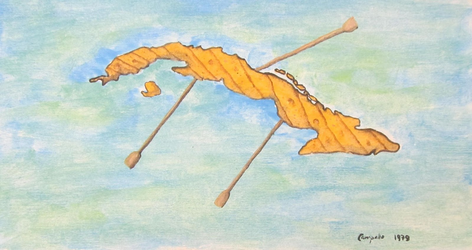 A watercolor painting of an orange umbrella with two wooden sticks against a blue sky background.