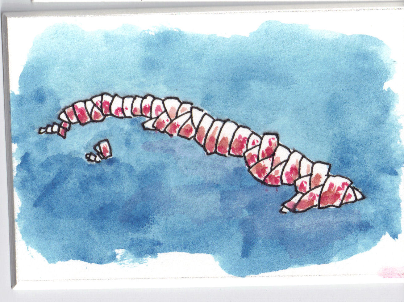 Watercolor painting of a segmented, pinkish-white creature with red markings, set against a blue background.