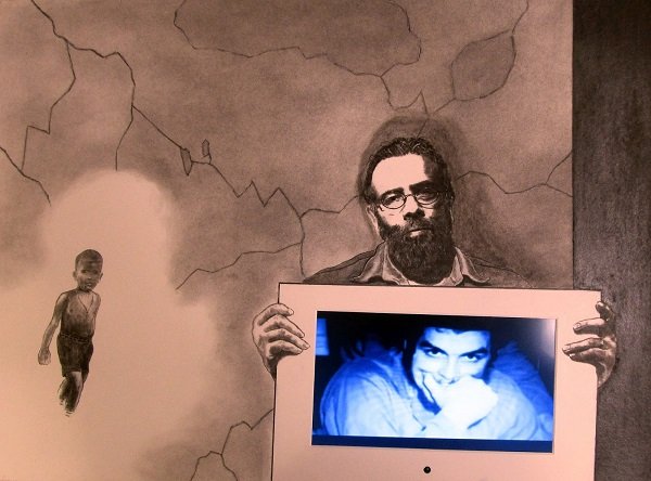 A mural with a man holding a photo of a woman, and a child standing nearby, with a cracked wall background.