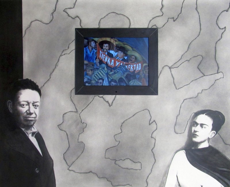Black and white mural with two people and a television screen showing a colorful image, wall with abstract lines.