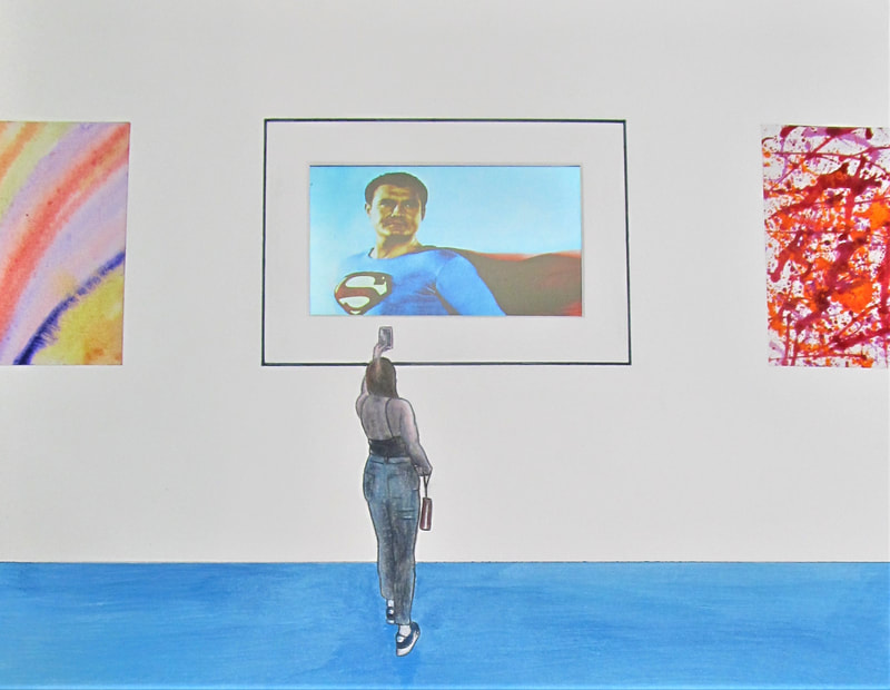 Person standing in an art gallery, looking at a framed painting of a man holding a ball, with colorful artworks on sides.