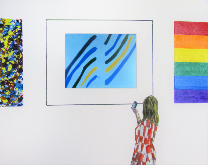 Person with long hair in a red and white checkered dress looks at colorful abstract paintings on a white wall.