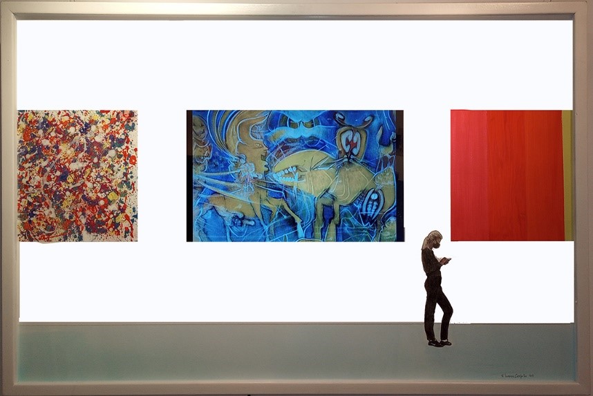 Person standing in front of three abstract paintings on a white gallery wall.