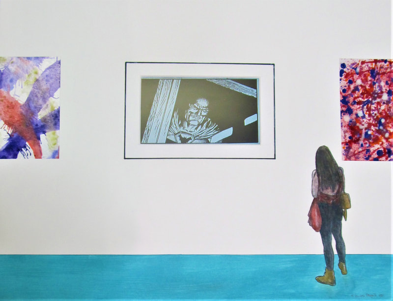 Person with long hair looking at artwork and a screen on a white wall, with colorful paintings on each side, blue floor.