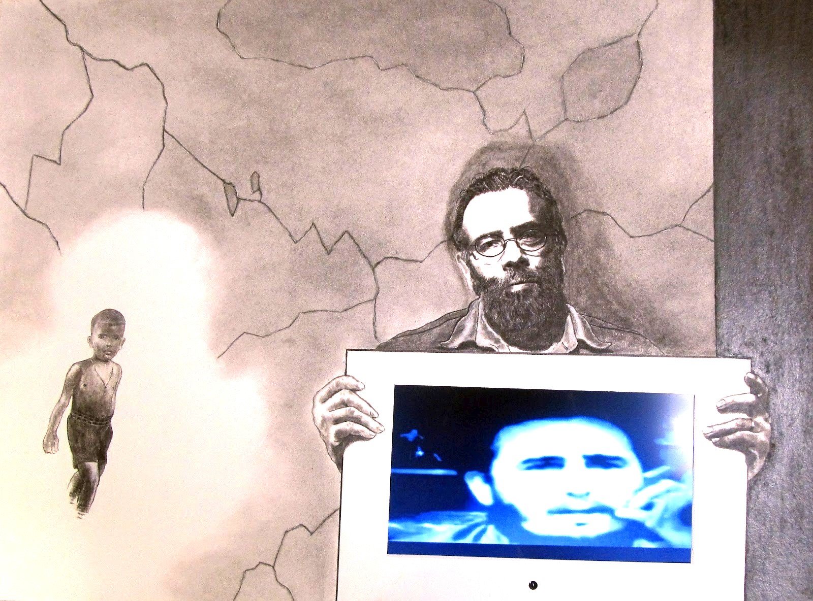 Person with glasses and beard holding a screen showing a face, with a child figure on a cracked wall background.