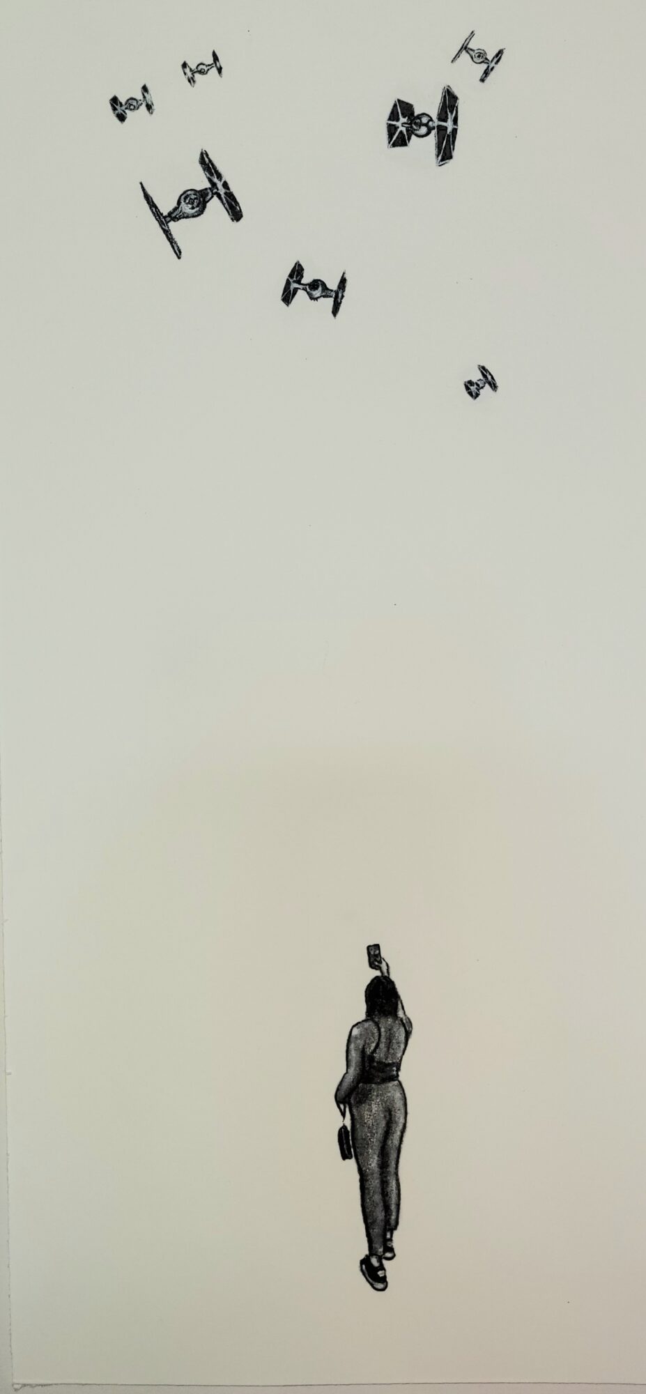Person standing and looking up at floating words and objects in the sky, with a plain background.