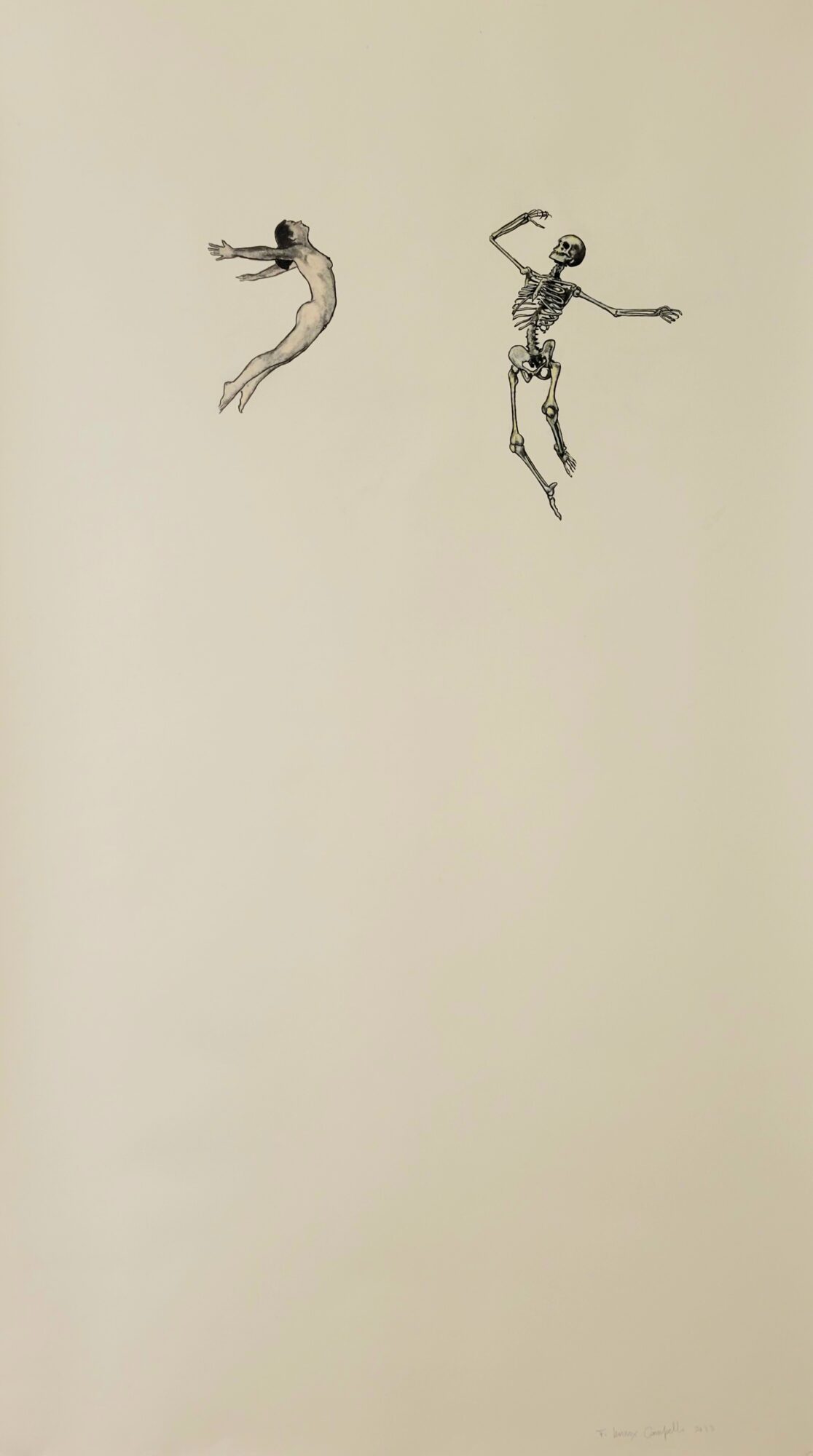 Two figures, one resembling a jellyfish and the other a skeleton, floating on a plain background.