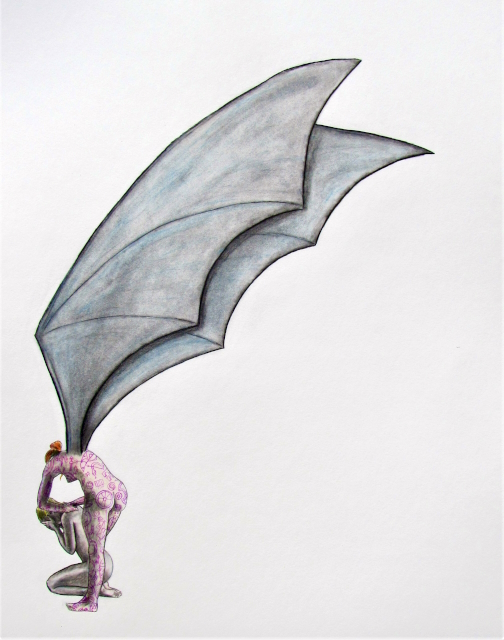 A person holding a large, gray umbrella with a pink, textured object at the handle's end, against a plain white background.