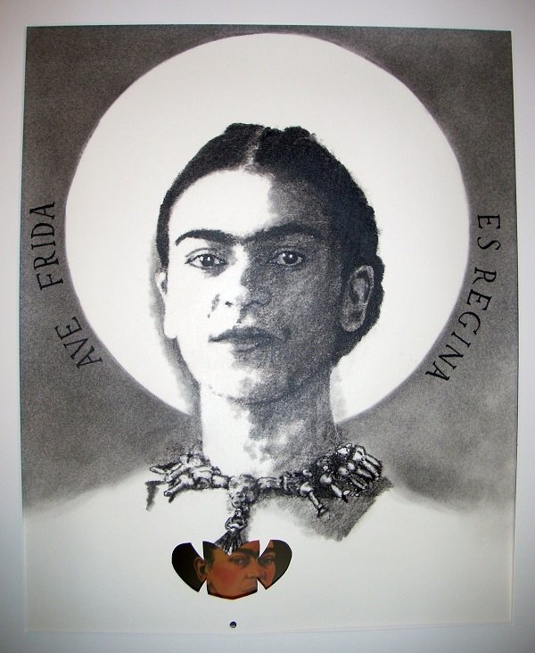 Black and white portrait of a woman with glasses, short hair, and a necklace, with a halo-like circle behind her head.