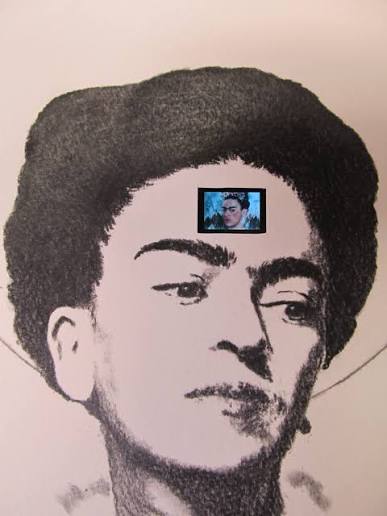 Black and white drawing of a person's face with a small photo of a woman on their forehead, short hair, and a serious expression.