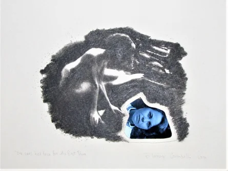Black and white drawing of a woman with a small photo of a woman in the bottom right corner.
