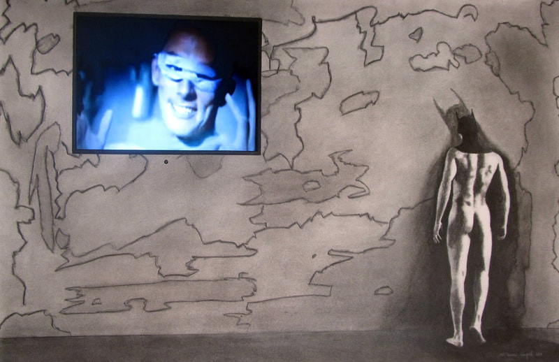 A black and white drawing of a nude person standing against a textured wall with a television screen showing a smiling woman.